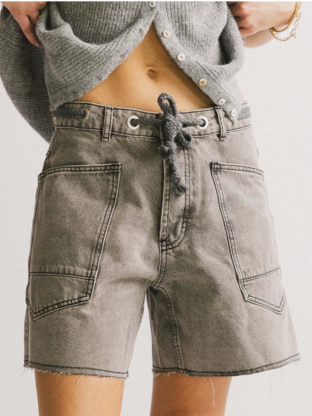 Casual Gray Drawstring Utility Bermuda Shorts